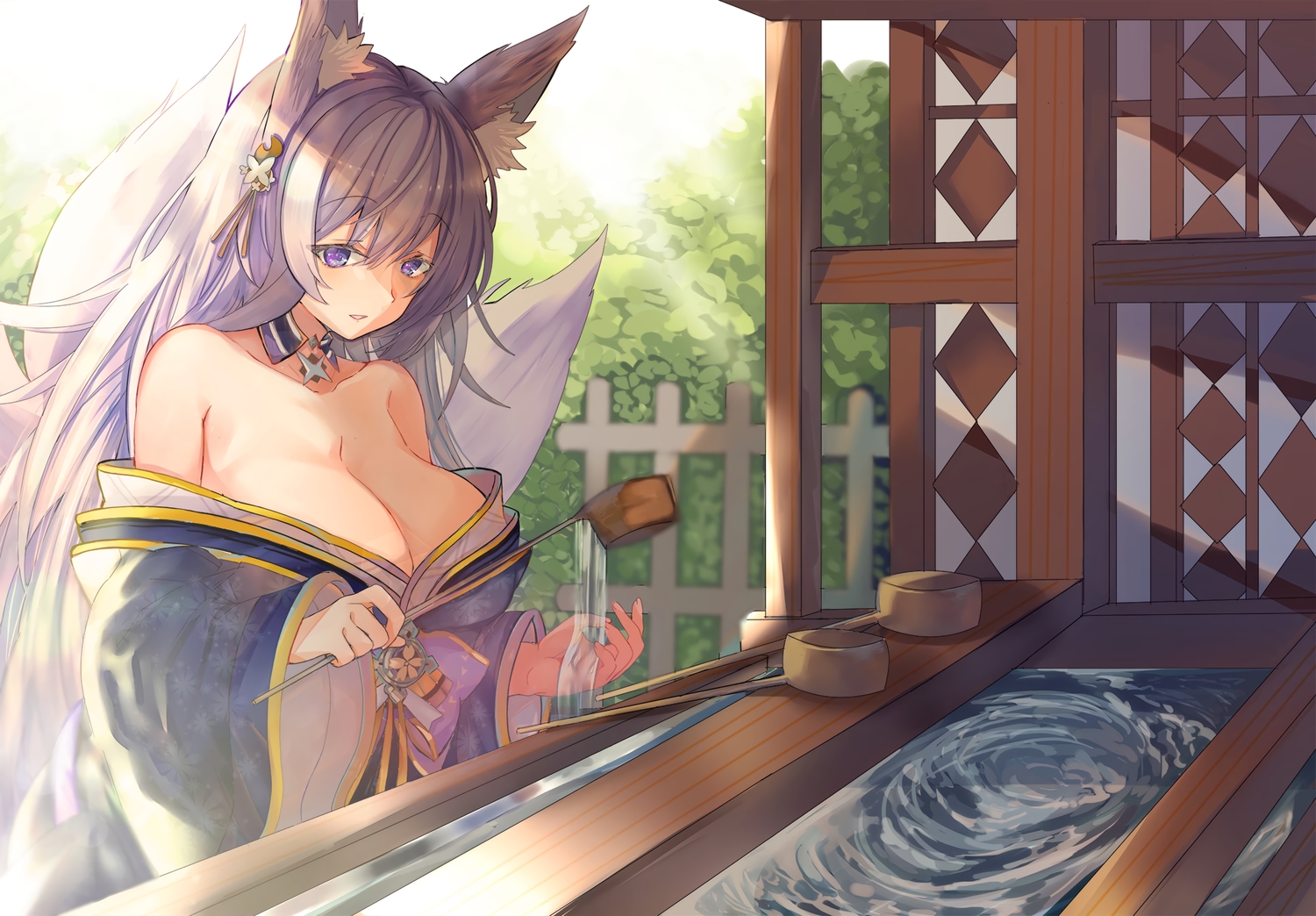 animal_ears, anthropomorphism, azur_lane, breasts, cleavage, foxgirl, japanese_clothes, long_hair, multiple_tails, purple_eyes, shibaebi_(yasaip_game), shinano_(azur_lane), shrine, tail, water