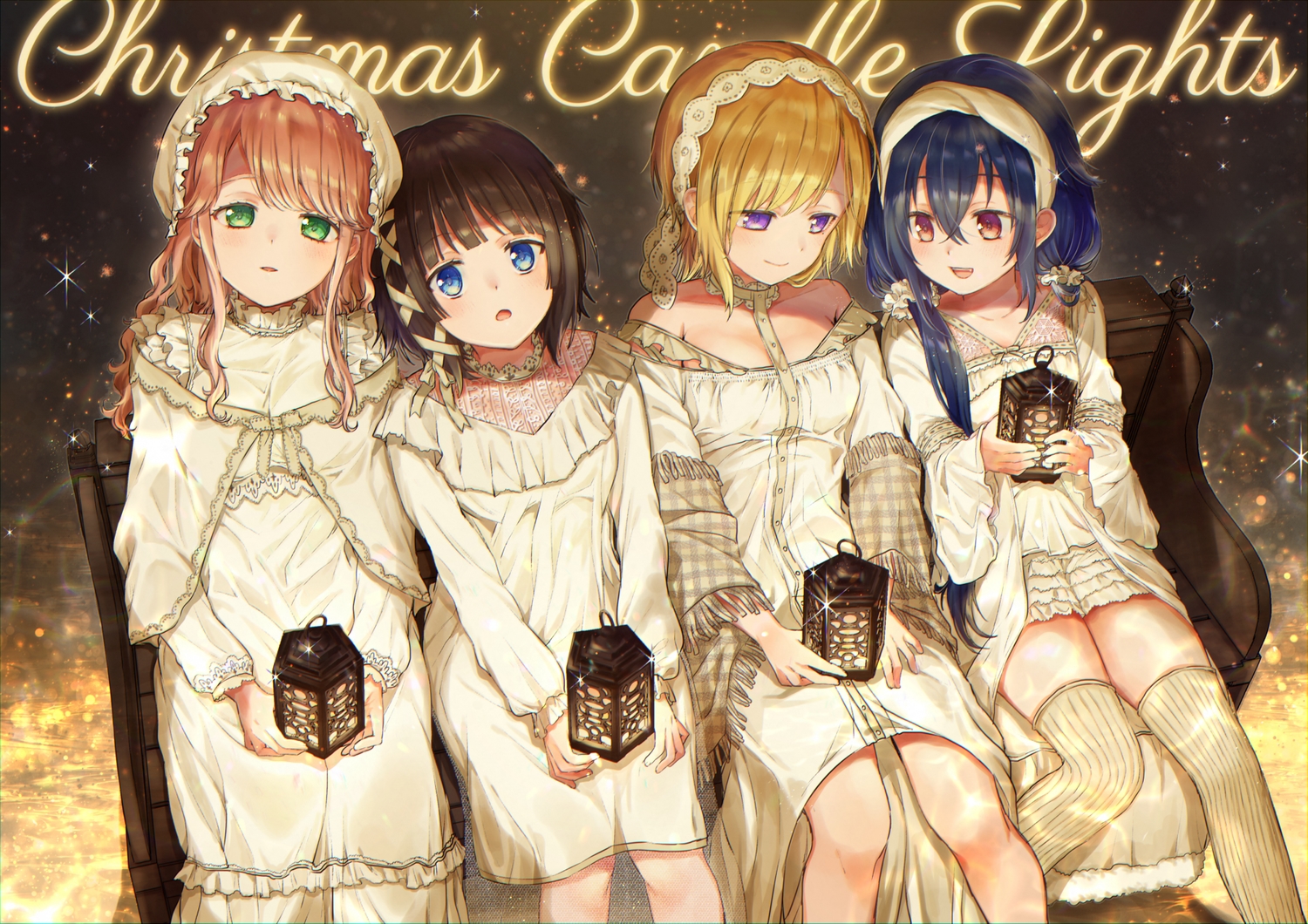 blue_hair, blush, brown_hair, christmas, dress, green_eyes, group, lolita_fashion, long_hair, nekogu_rui, original, purple_eyes, thighhighs, twintails, zettai_ryouiki