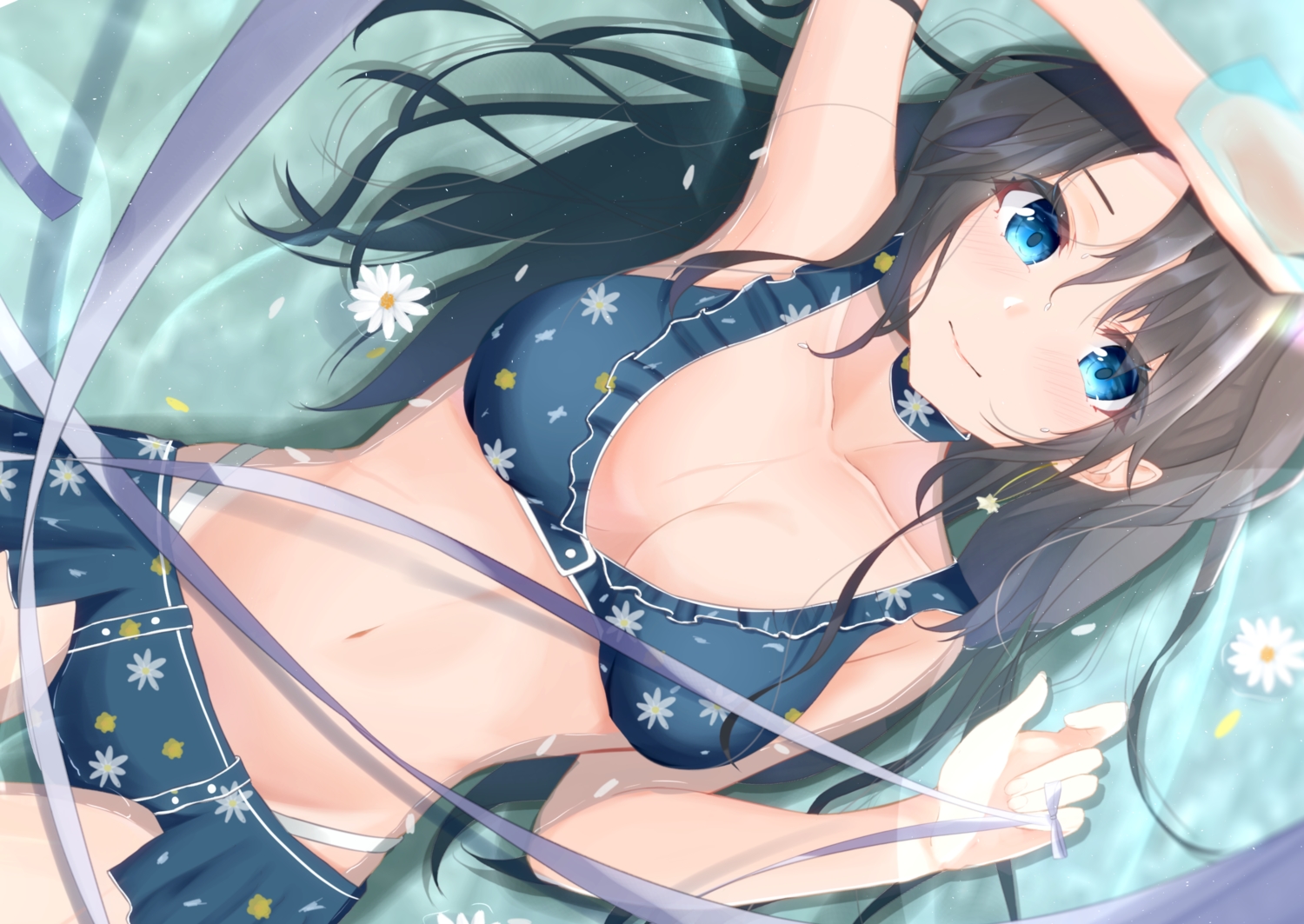 aqua_eyes, bikini, brown_hair, flowers, idolmaster, idolmaster_shiny_colors, kunimine_yuzuki, long_hair