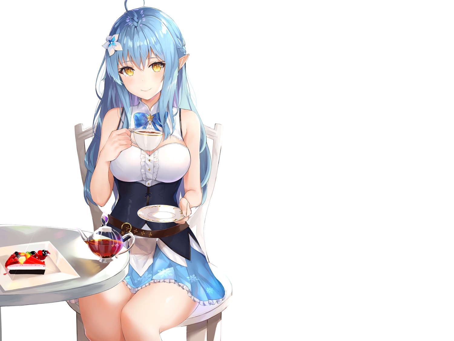 aqua_hair, blush, braids, breasts, cake, cleavage, corset, drink, food, fruit, hololive, long_hair, pointed_ears, shiina_aoi, skirt, white, yellow_eyes, yukihana_lamy
