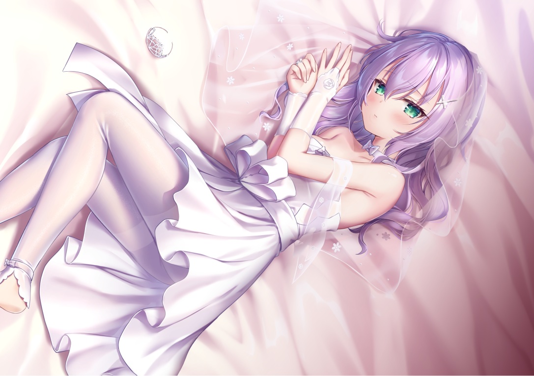 anthropomorphism, azur_lane, blush, dress, green_eyes, javelin_(azur_lane), long_hair, pantyhose, purple_hair, suyamori