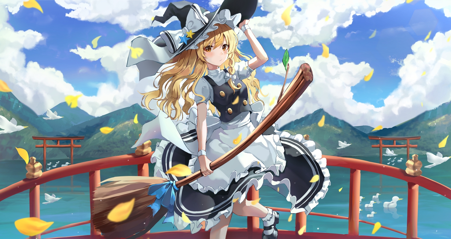 animal, apron, bird, clouds, hat, kerno, kirisame_marisa, long_hair