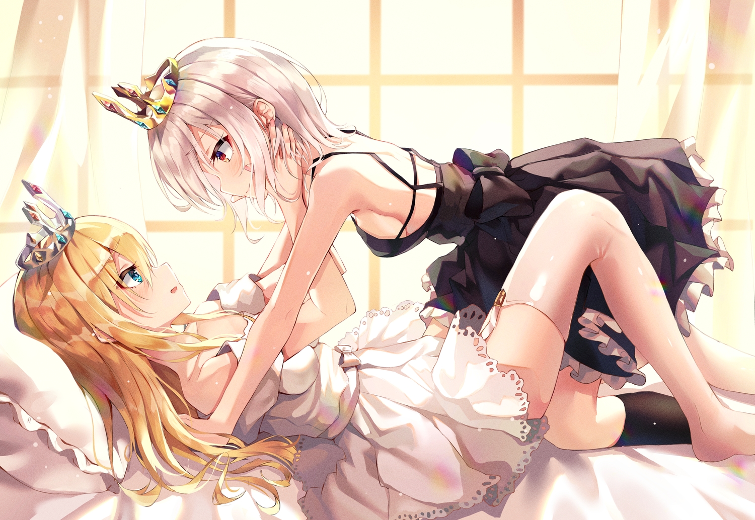2girls, aqua_eyes, bed, crown, dress, garter_belt, kerno, long_hair, original, shoujo_ai, thighhighs