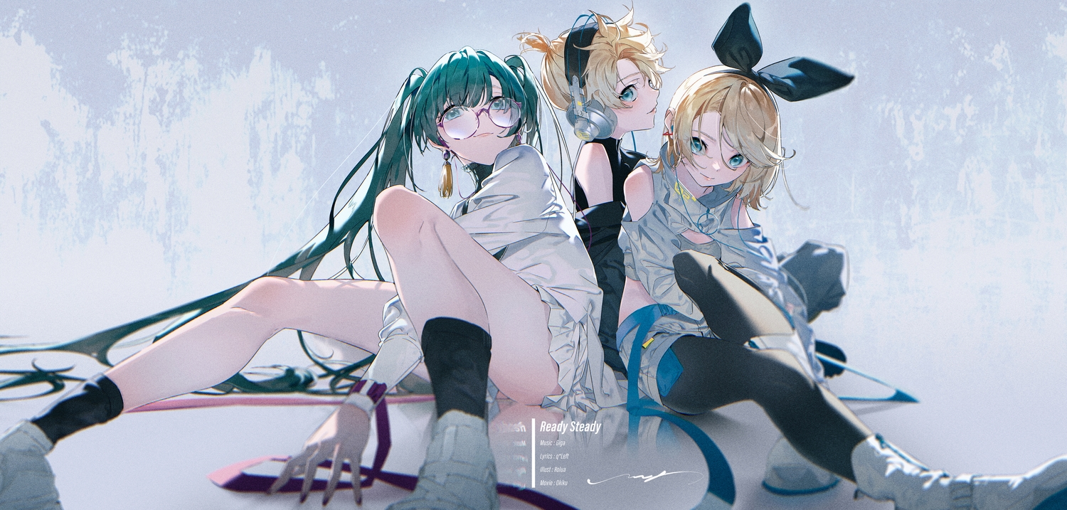 glasses, hatsune_miku, headphones, kagamine_len, kagamine_rin, male, rolua, vocaloid