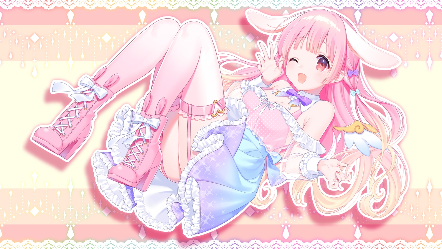 animal_ears, garter_belt, kusumoto_shizuru, long_hair, pink_eyes, pink_hair, skirt, stockings, usami_lop, wink