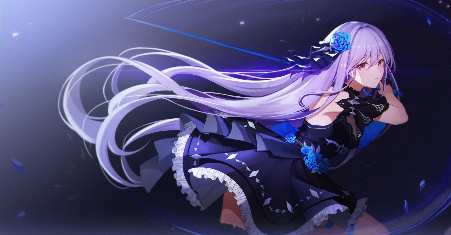 dress, garter, gradient, gya_(144), long_hair, original, pink_eyes, purple_hair, sword, weapon