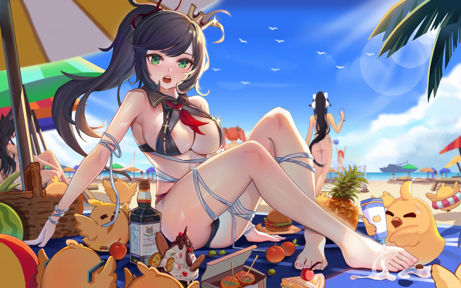 animal, animal_ears, anthropomorphism, ass, atago_(azur_lane), azur_lane, beach, bikini, bird, cake, cameltoe, clouds, food, honolulu_(azur_lane), jianshu, manjuu_(azur_lane), sky, swimsuit, takao_(azur_lane), york_(azur_lane)