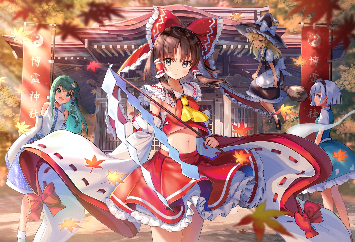 autumn, blonde_hair, blue_eyes, bow, brown_hair, gray_hair, green_eyes, green_hair