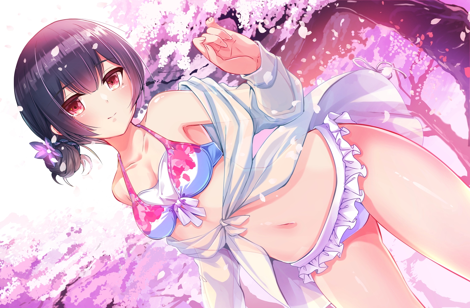 bikini, black_hair, breasts, cherry_blossoms, cleavage, flowers, idolmaster, idolmaster_shiny_colors