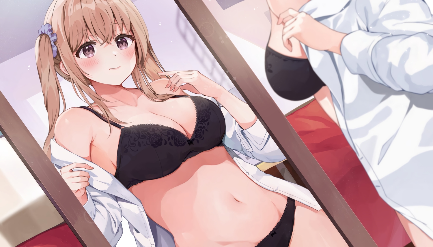 ai_kiss, ai_kiss_2, bra, breasts, cleavage, dressing, giga, mirror, open_shirt, panties, racchi., reflection, sakurada_an, underwear