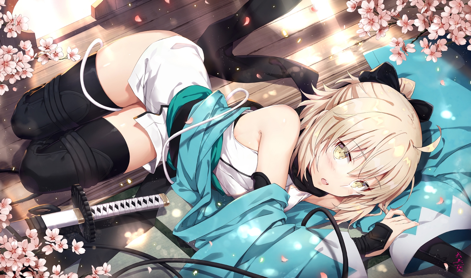 armor, blonde_hair, blush, cherry_blossoms, fate/grand_order, fate_(series), flowers, gabiran