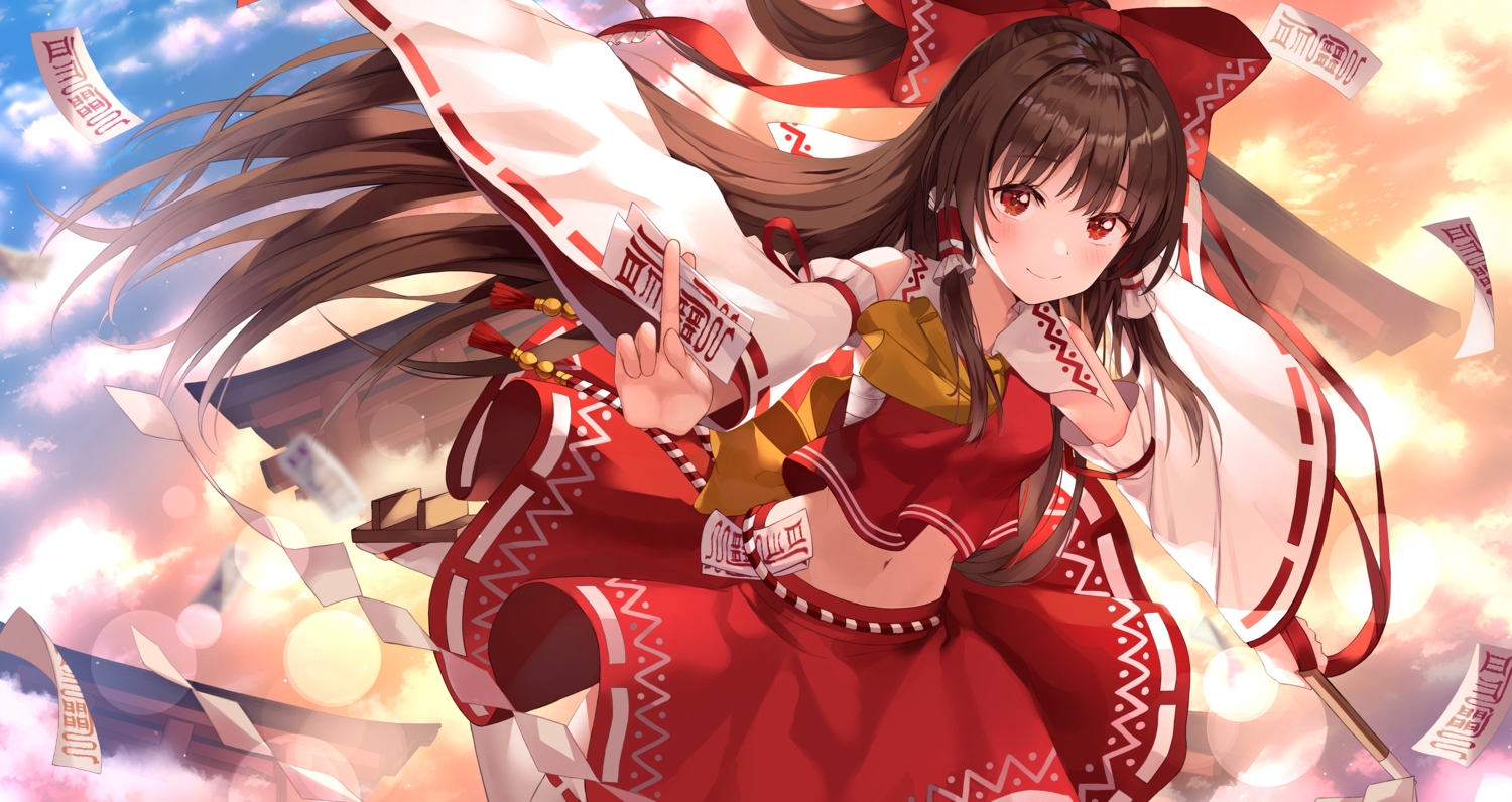 brown_hair, clouds, hakurei_reimu, japanese_clothes, long_hair, miko, ofuda, red_eyes, ruda_(ruda_e), sky, touhou