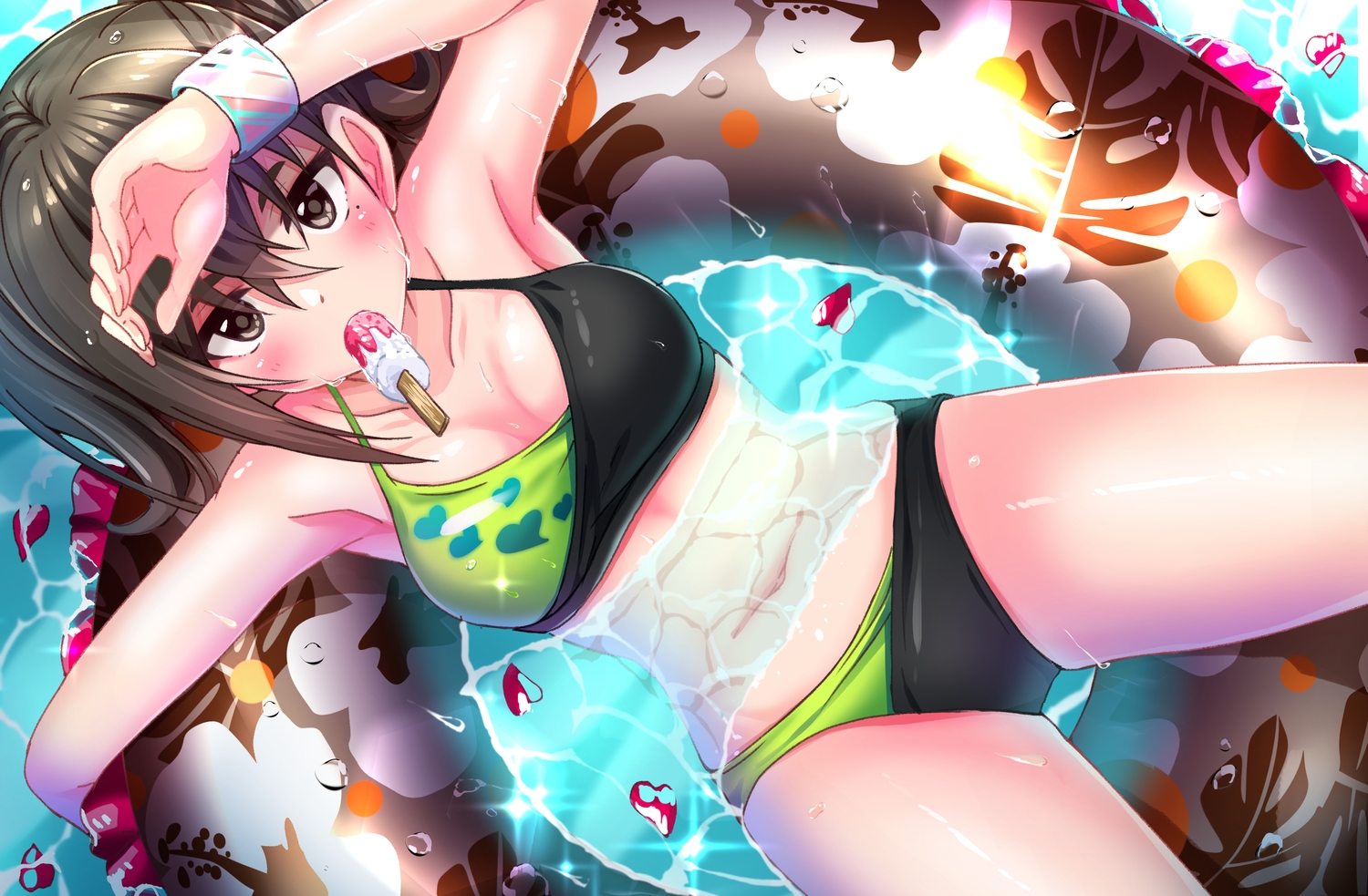 bikini, brown_eyes, brown_hair, food, ice_cream, idolmaster, idolmaster_cinderella_girls, natsu_(anta_tte_hitoha)