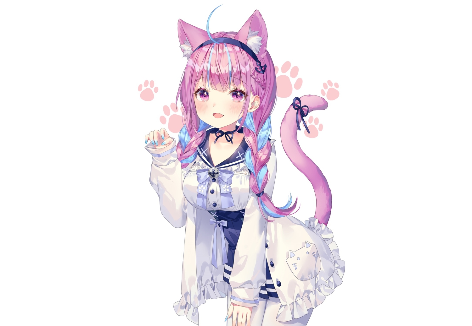 animal_ears, blush, bow, braids, catgirl, choker, fang, headband