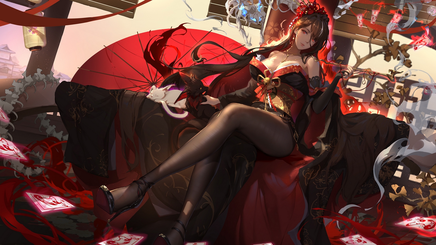 animal, bell, bones, breasts, brown_hair, cat, cleavage, elbow_gloves, fire, fox, gloves, headdress, japanese_clothes, kimono, long_hair, magic, necklace, no_bra, ofuda, original, pantyhose, red_eyes, smoking, taichi_(yirkorn), umbrella