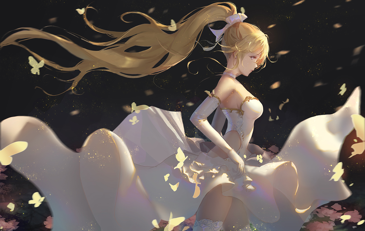 blonde_hair, butterfly, dress, elbow_gloves, gloves, long_hair, original, ponytail