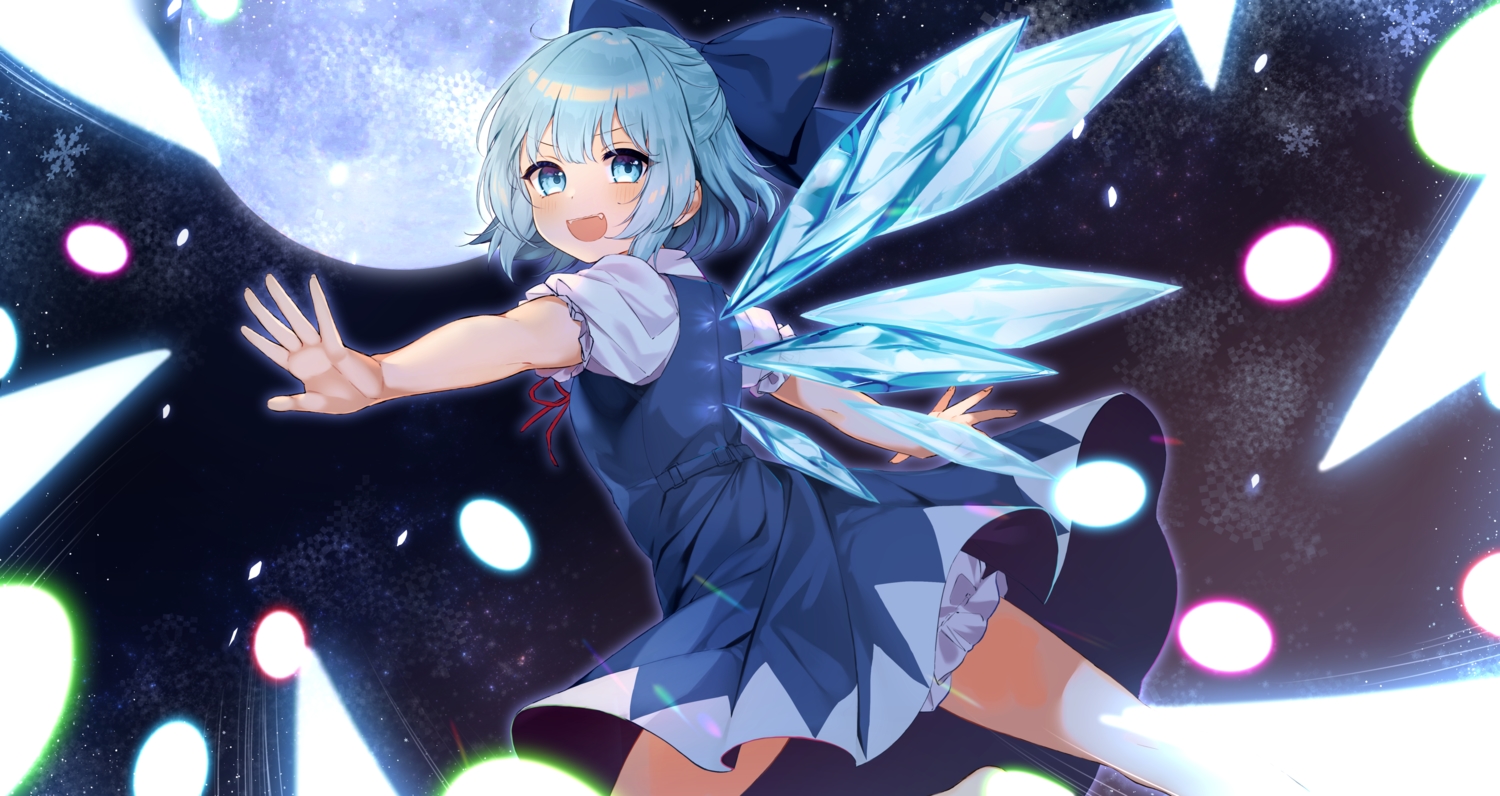 aqua_eyes, aqua_hair, bloomers, blush, cirno, dress, fairy, fang