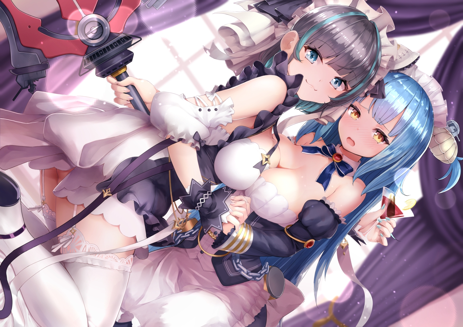 2girls, anthropomorphism, aqua_hair, azur_lane, blush, cat_smile, cheshire_(azur_lane), drink, headband, long_hair, maid, neptune_(azur_lane), purple_hair, rin2008, stockings