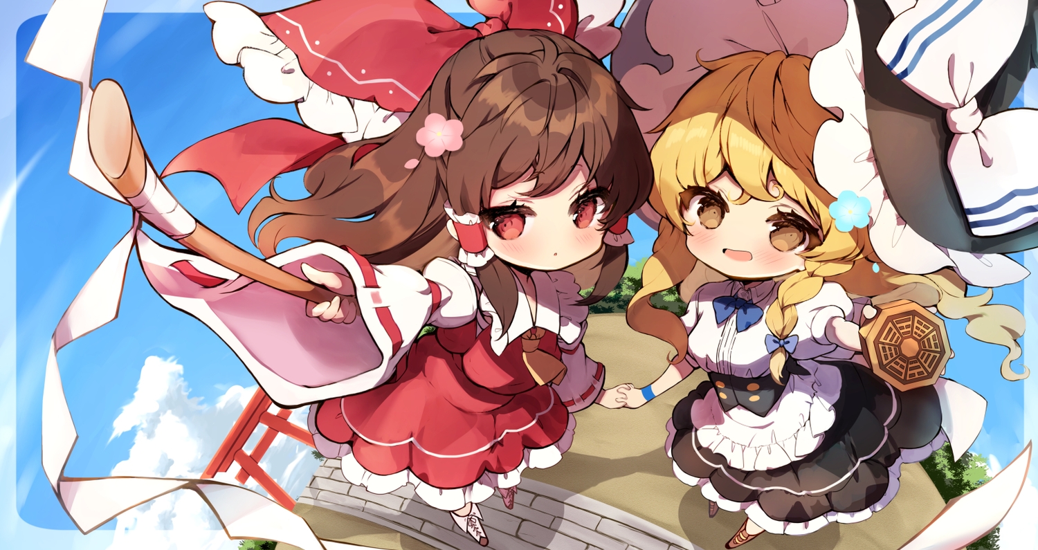 2girls, blonde_hair, braids, brown_eyes, brown_hair, chibi, hakurei_reimu, japanese_clothes