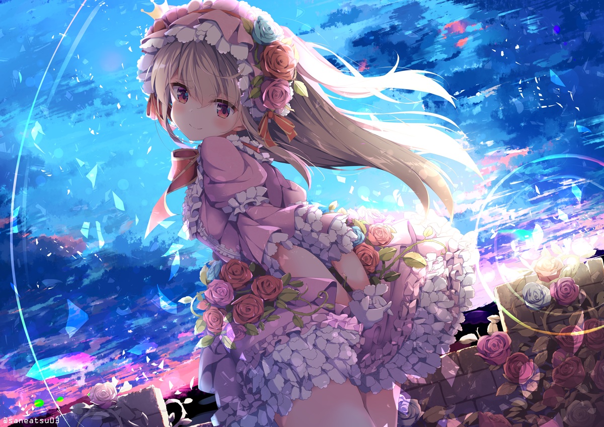 blush, brown_hair, dress, flowers, headdress, lolita_fashion, niwasane_(saneatsu03), original, red_eyes, rose, sky, sunset, watermark