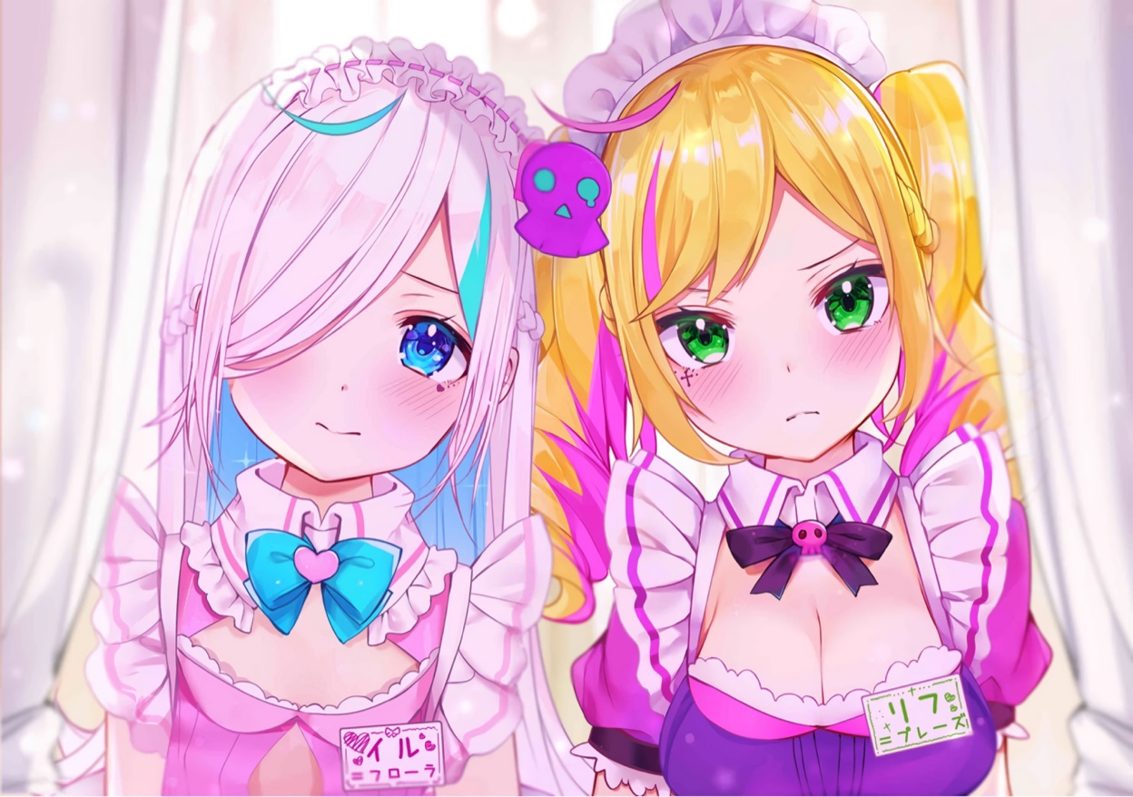 2girls, aqua_eyes, blonde_hair, blush, bow, braids, breasts, cleavage, flat_chest, green_eyes, headdress, ilu_fluor, lif_prase, long_hair, maid, pink_hair, rouka_(akatyann), tattoo, third-party_edit, twintails