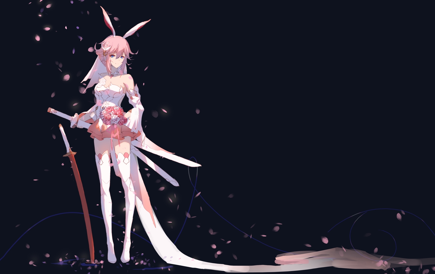 animal_ears, aqua_eyes, dress, flowers, honkai_impact, honkai_(series), katana, petals