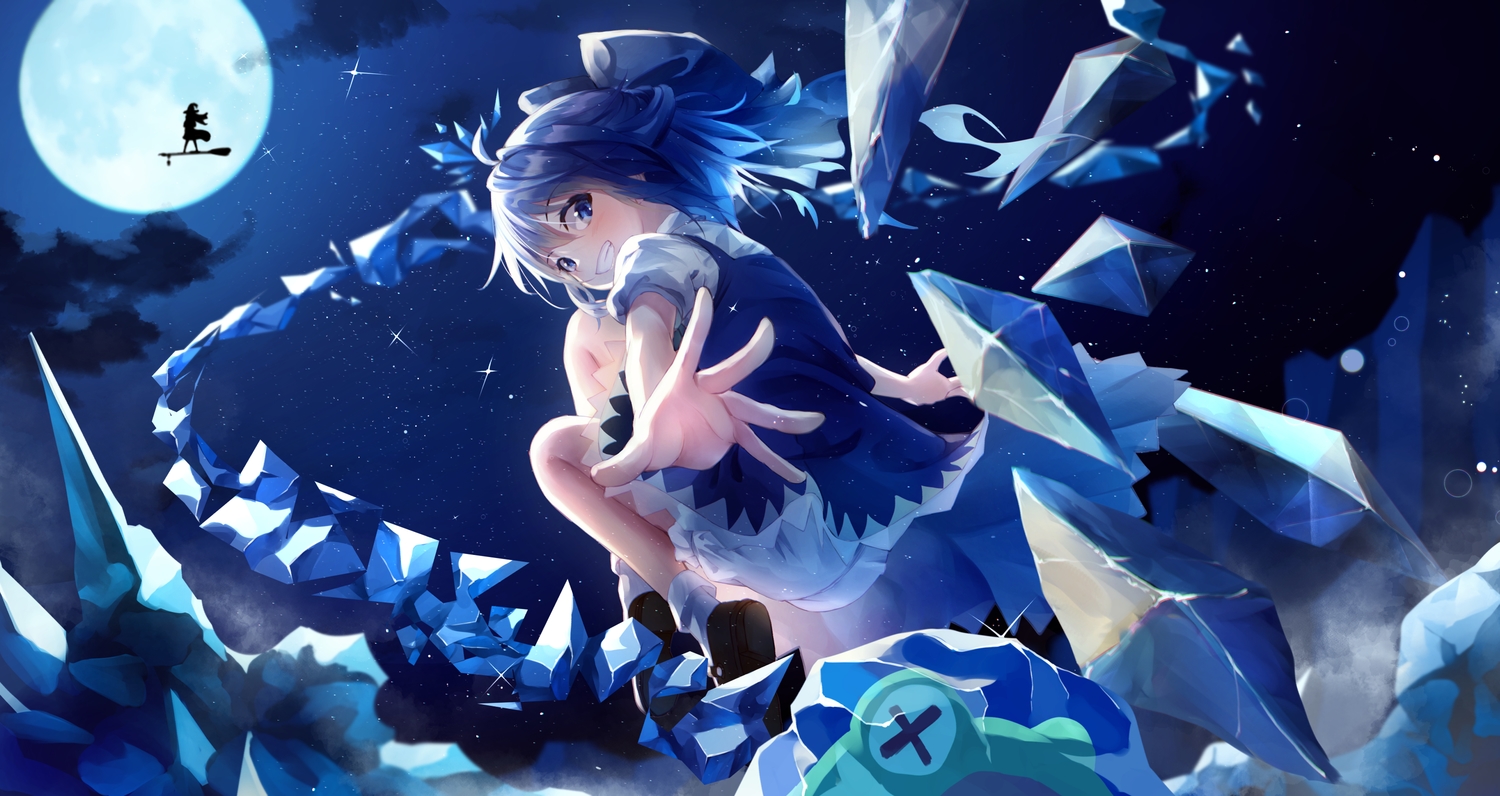 2girls, blue_eyes, blue_hair, cirno, clouds, dress, fairy, kirisame_marisa