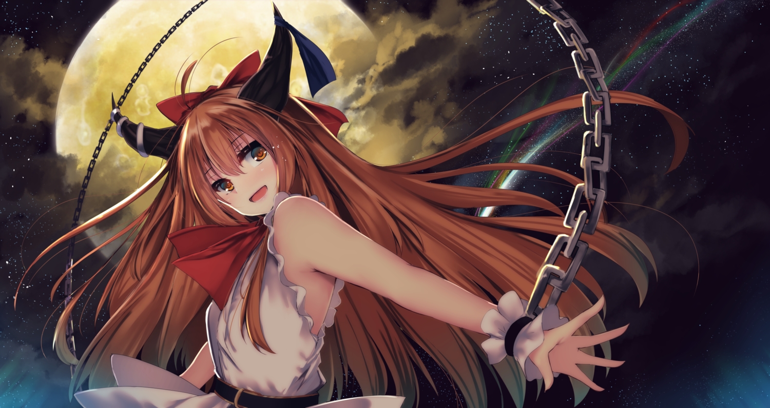 brown_eyes, brown_hair, chain, clouds, demon, horns, ibuki_suika, long_hair, mikagemaru_(mikage000), moon, night, sky, stars, touhou
