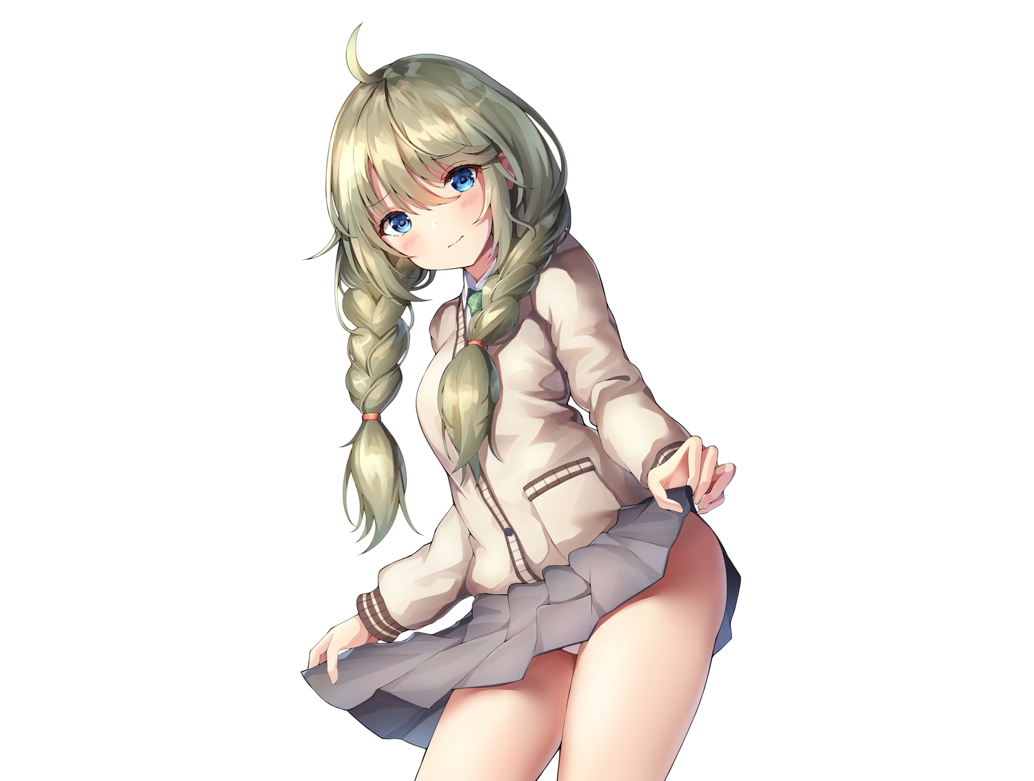 aqua_eyes, blush, braids, green_hair, long_hair, panties, princess_connect!, school_uniform