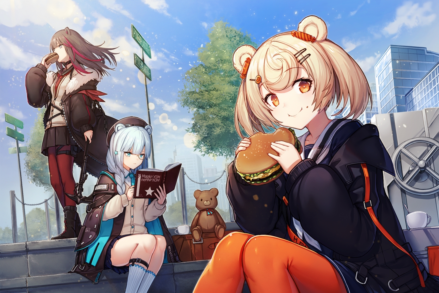 amano_misaki, animal_ears, aqua_eyes, arknights, blonde_hair, blue_hair, book, brown_hair, building, city, food, garter, glasses, gray_eyes, gummy_(arknights), hat, istina_(arknights), kneehighs, long_hair, orange_eyes, pantyhose, ponytail, short_hair, sky, stockings, teddy_bear, twintails, weapon, zima_(arknights)