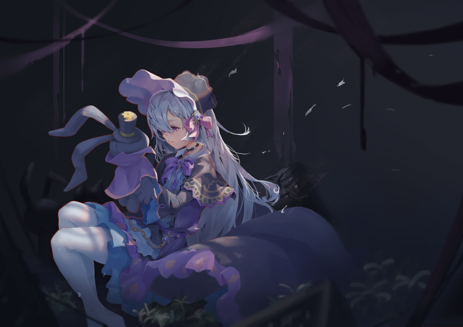 bacteria_101, bow, bunny, choker, dress, goth-loli, gray_hair, hat, king's_raid, lavril_(king's_raid), lolita_fashion, long_hair, pantyhose, purple_eyes, tears
