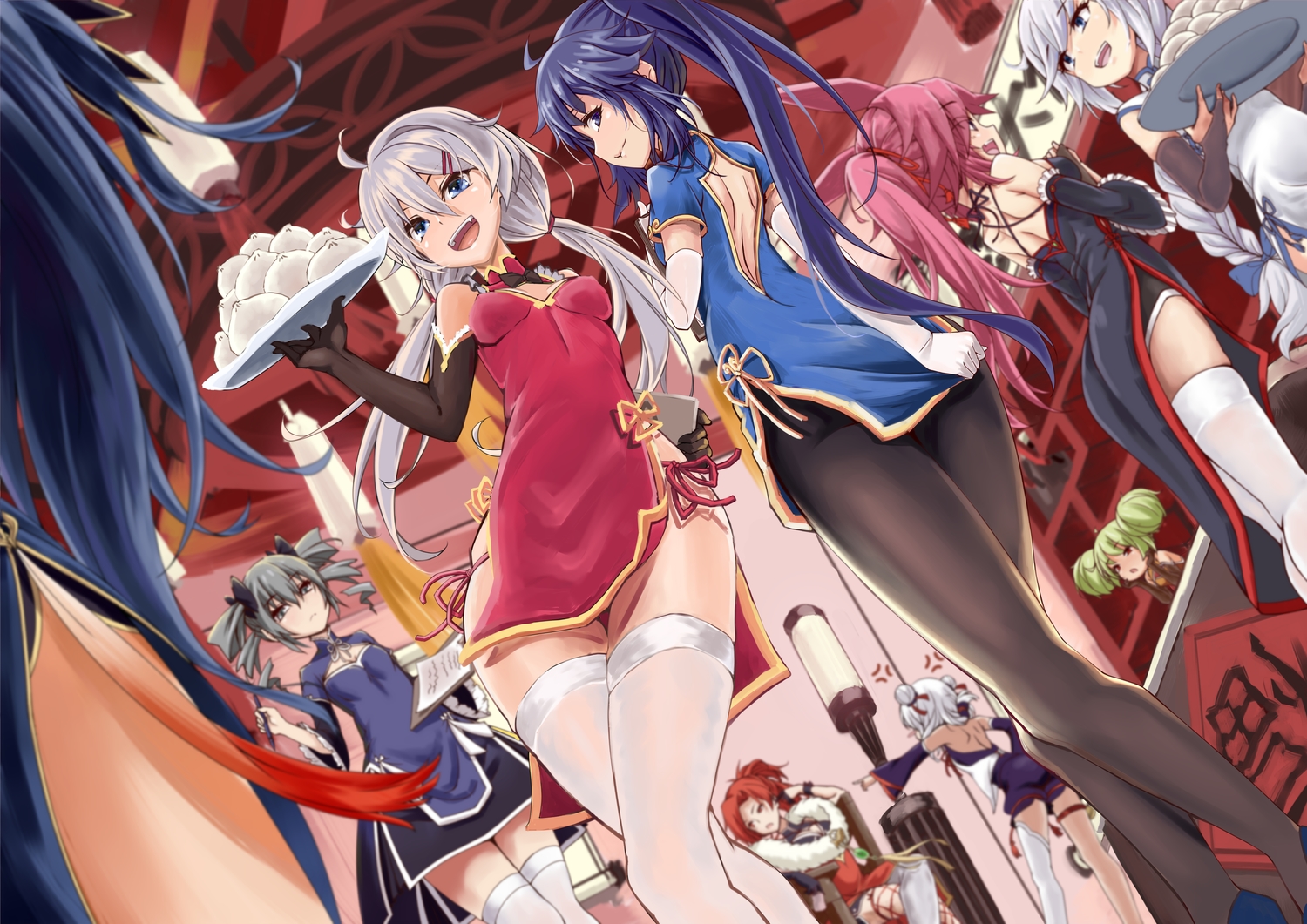ai_chan_(benghuai_xueyuan), bronya_zaychik, chinese_clothes, chinese_dress, dress, elbow_gloves, food, gloves, gray_hair, honkai_impact, honkai_(series), husun_wei, kiana_kaslana, long_hair, murata_himeko, pantyhose, raiden_mei, tagme_(character), theresa_apocalypse, thighhighs, twintails, yae_sakura_(benghuai_xueyuan)