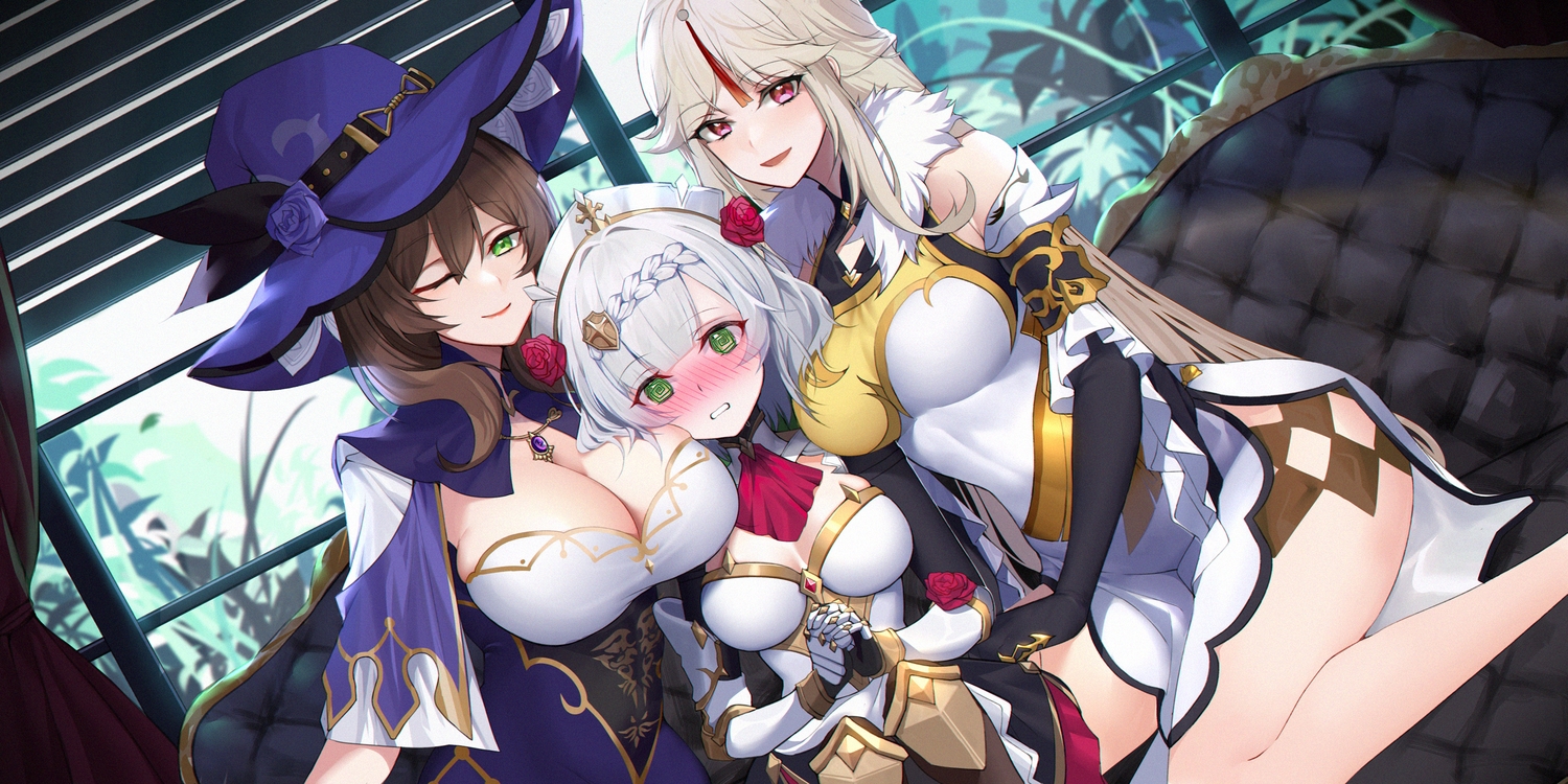 breasts, cleavage, genshin_impact, hat, lisa_minci, ningguang_(genshin_impact), noelle_(genshin_impact), witch, witch_hat, xiujia_yihuizi