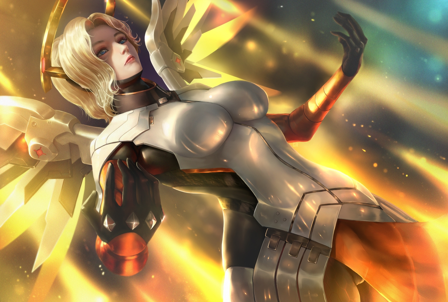 armor, blonde_hair, blue_eyes, bodysuit, breasts, limgae, mercy_(overwatch), overwatch
