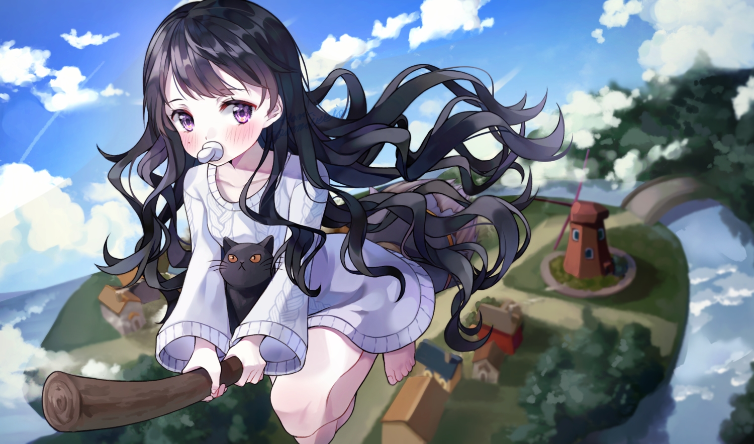 animal, black_hair, blush, building, cat, clouds, han_seol, landscape