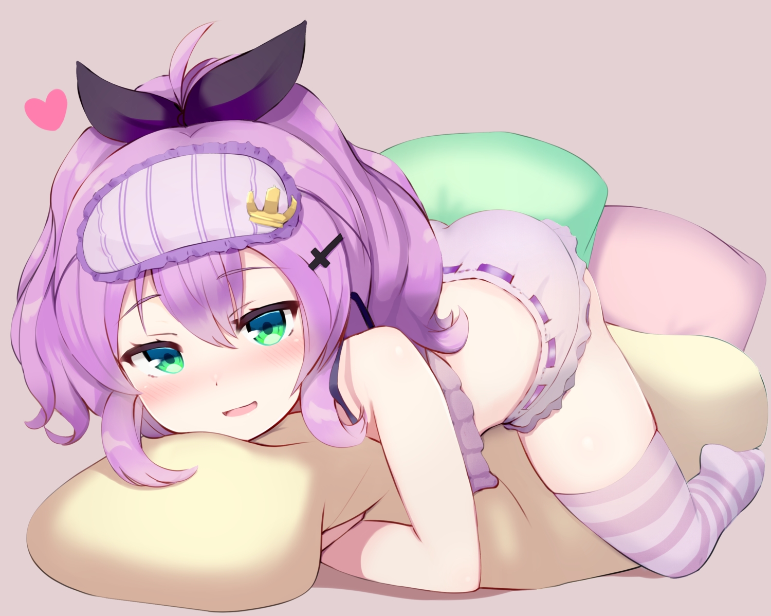 anthropomorphism, ass, azur_lane, blush, fuki_to_takenoko, green_eyes, javelin_(azur_lane), mask, pajamas, purple_hair, shorts, thighhighs, zettai_ryouiki