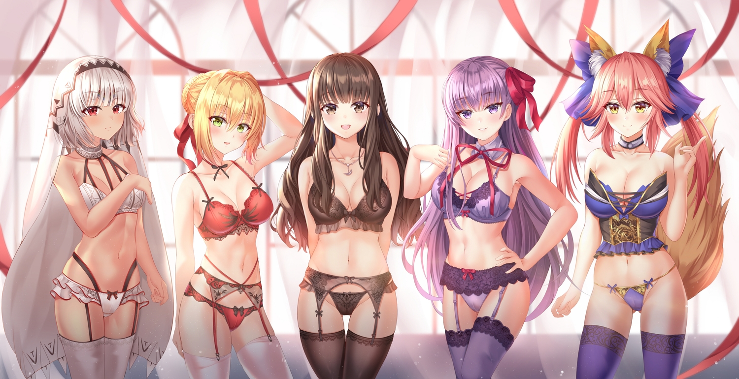 animal_ears, attila_(fate/grand_order), bb_(fate), blonde_hair, bnari, bra, breast_hold, brown_hair, dark_skin, fate/extella, fate/extra, fate/grand_order, fate_(series), foxgirl, garter_belt, gray_hair, group, kishinami_hakuno, long_hair, navel, necklace, nero_claudius_(fate), panties, pink_hair, purple_hair, ribbons, stockings, tail, tamamo_no_mae_(fate), thighhighs, twintails, underwear