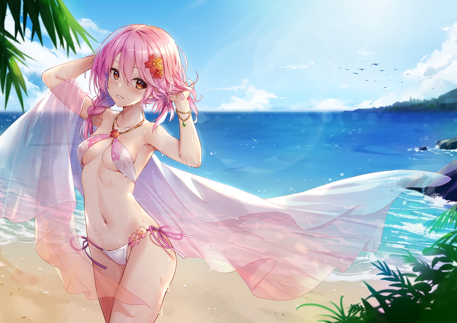 animal, anthropomorphism, beach, bikini, bird, braids, clouds, hika_(cross-angel), long_hair, navel, pink_hair, ponytail, sergestid_shrimp_in_tungkang, sky, swimsuit, water, wet, xuan_ying