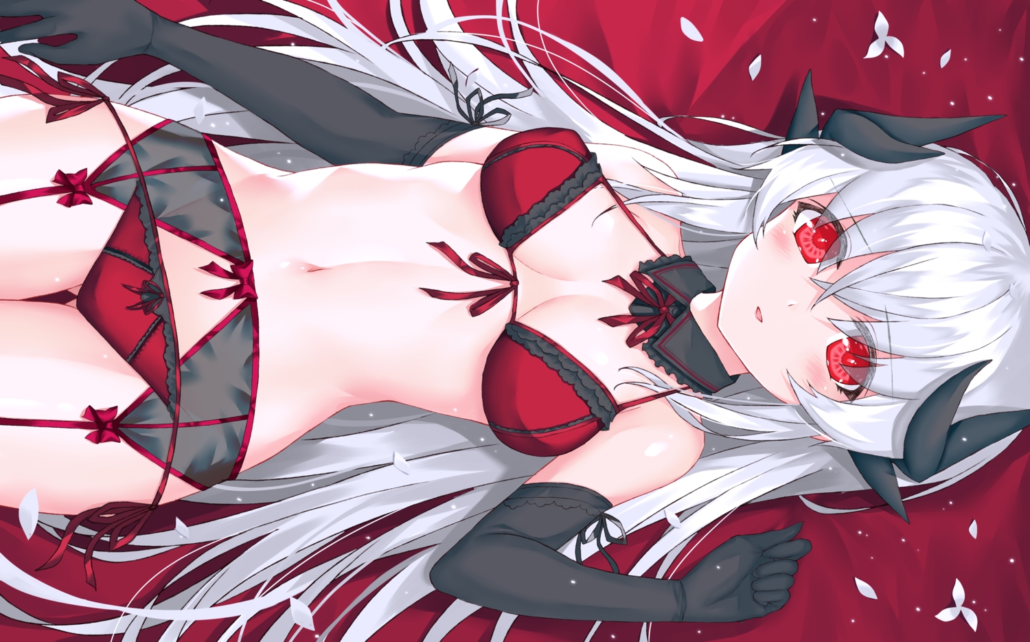 blush, bra, elbow_gloves, fate/grand_order, fate_(series), garter_belt, gloves, horns, kiyohime_(fate/grand_order), long_hair, morizono_shiki, navel, panties, red_eyes, stockings, underwear, white_hair
