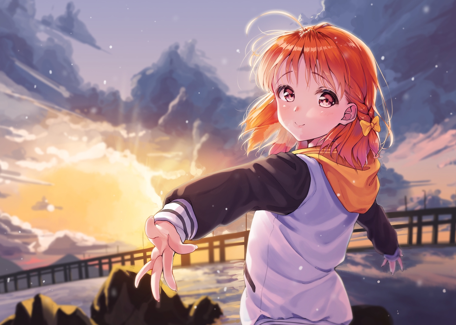 blush, braids, clouds, hood, love_live!_school_idol_project, love_live!_sunshine!!, orange_hair, pink_eyes, siro_joon, sky, sunset, takami_chika