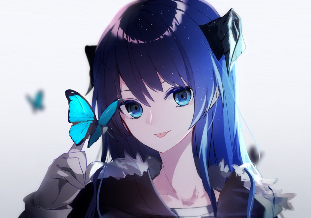 aa_(sin2324), aqua_eyes, arknights, blue_hair, butterfly, close, gradient, long_hair