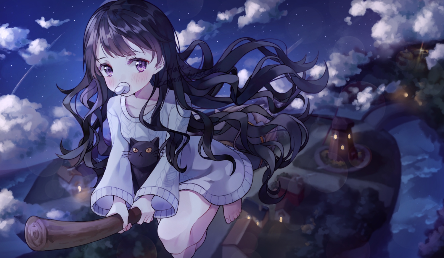 animal, black_hair, blush, building, cat, clouds, han_seol, landscape, loli, long_hair, night, original, purple_eyes, scenic, sky, water, windmill, witch