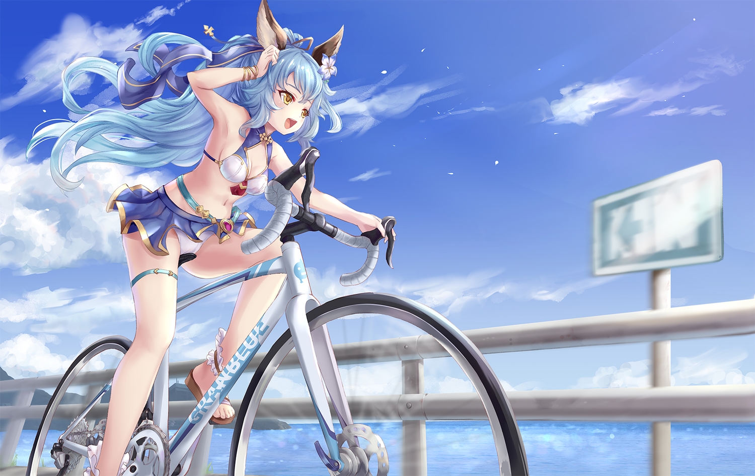 animal_ears, bell_(angelicalary), bicycle, bikini, blue_hair, clouds, ferri_(granblue_fantasy), granblue_fantasy, long_hair, sky, swimsuit, water