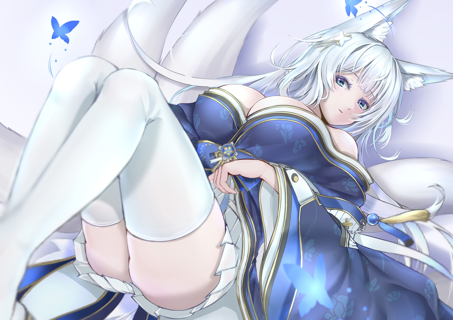 animal_ears, anthropomorphism, aqua_eyes, azur_lane, breasts, butterfly, cleavage, foxgirl, japanese_clothes, kamehito, long_hair, multiple_tails, shinano_(azur_lane), tail, thighhighs, white_hair, zettai_ryouiki