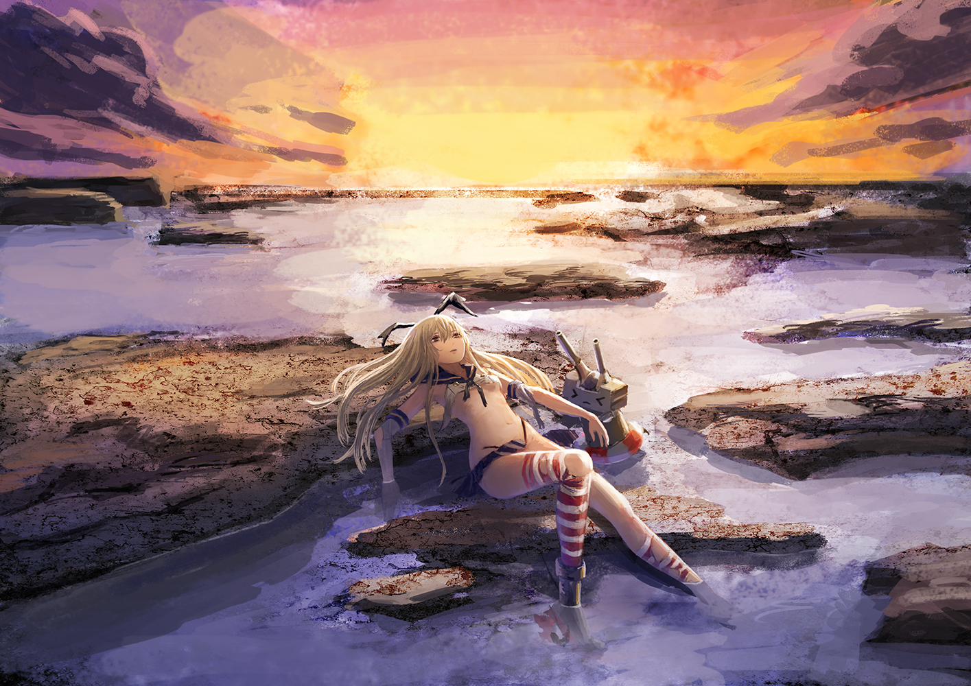 anthropomorphism, blonde_hair, clouds, kantai_collection, long_hair, menka, navel, shimakaze_(kancolle)