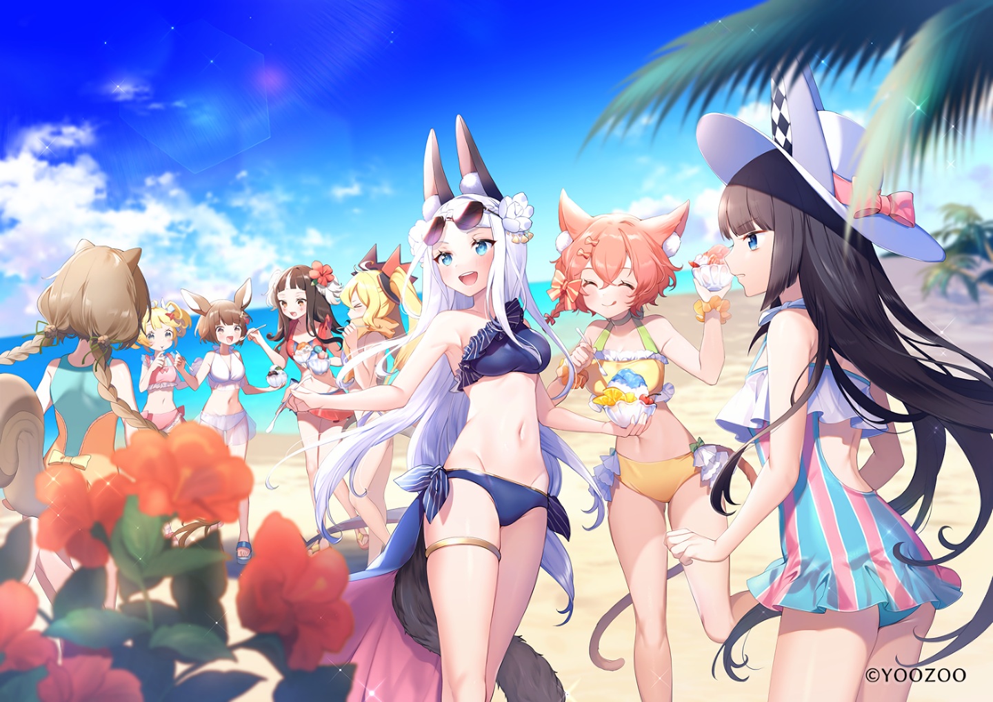 amenosaka_nono, animal_ears, april_(red:_pride_of_eden), aqua_eyes, beach, bikini, braids, conchita_(red:_pride_of_eden), flowers, francesca_(red:_pride_of_eden), group, lily_(red:_pride_of_eden), long_hair, navel, olivia_(red:_pride_of_eden), red:_pride_of_eden, sky, swimsuit, tagme_(character), tail, twintails, waifu2x, white_hair
