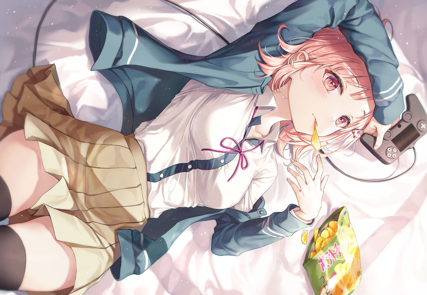bed, dangan-ronpa, food, game_console, nanami_chiaki, open_shirt, pink_eyes, pink_hair, r_o_ha, school_uniform, skirt, thighhighs, zettai_ryouiki