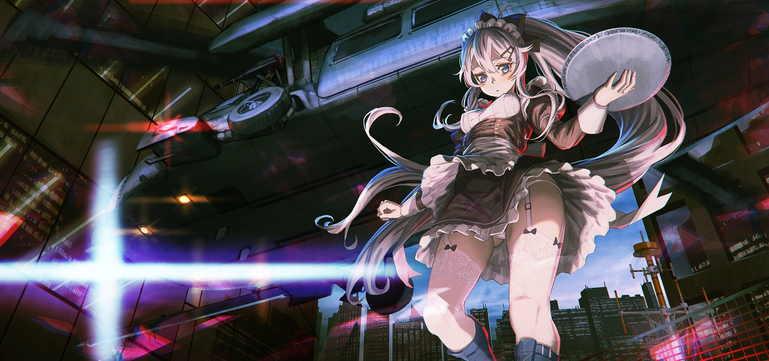 9a-91_(girls_frontline), aircraft, anthropomorphism, aqua_eyes, building, city, girls_frontline, gray_hair