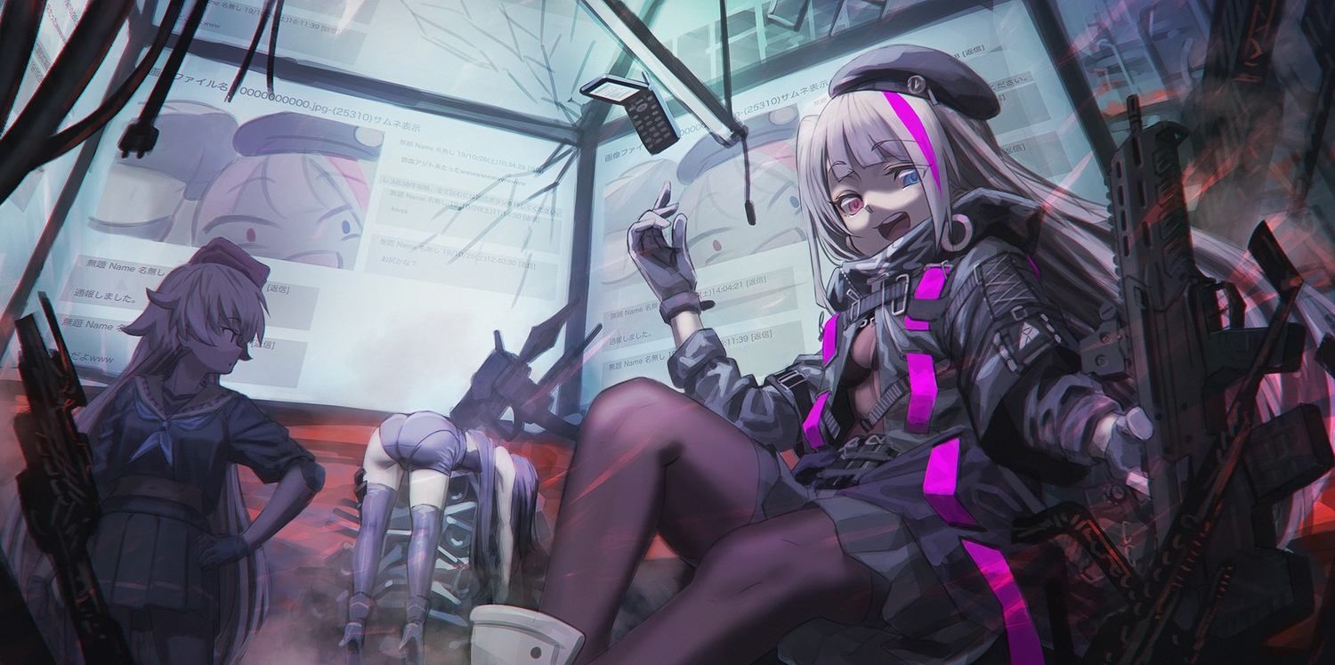 anthropomorphism, architect_(girls_frontline), ass, bicolored_eyes, girls_frontline, gloves, gun, hat