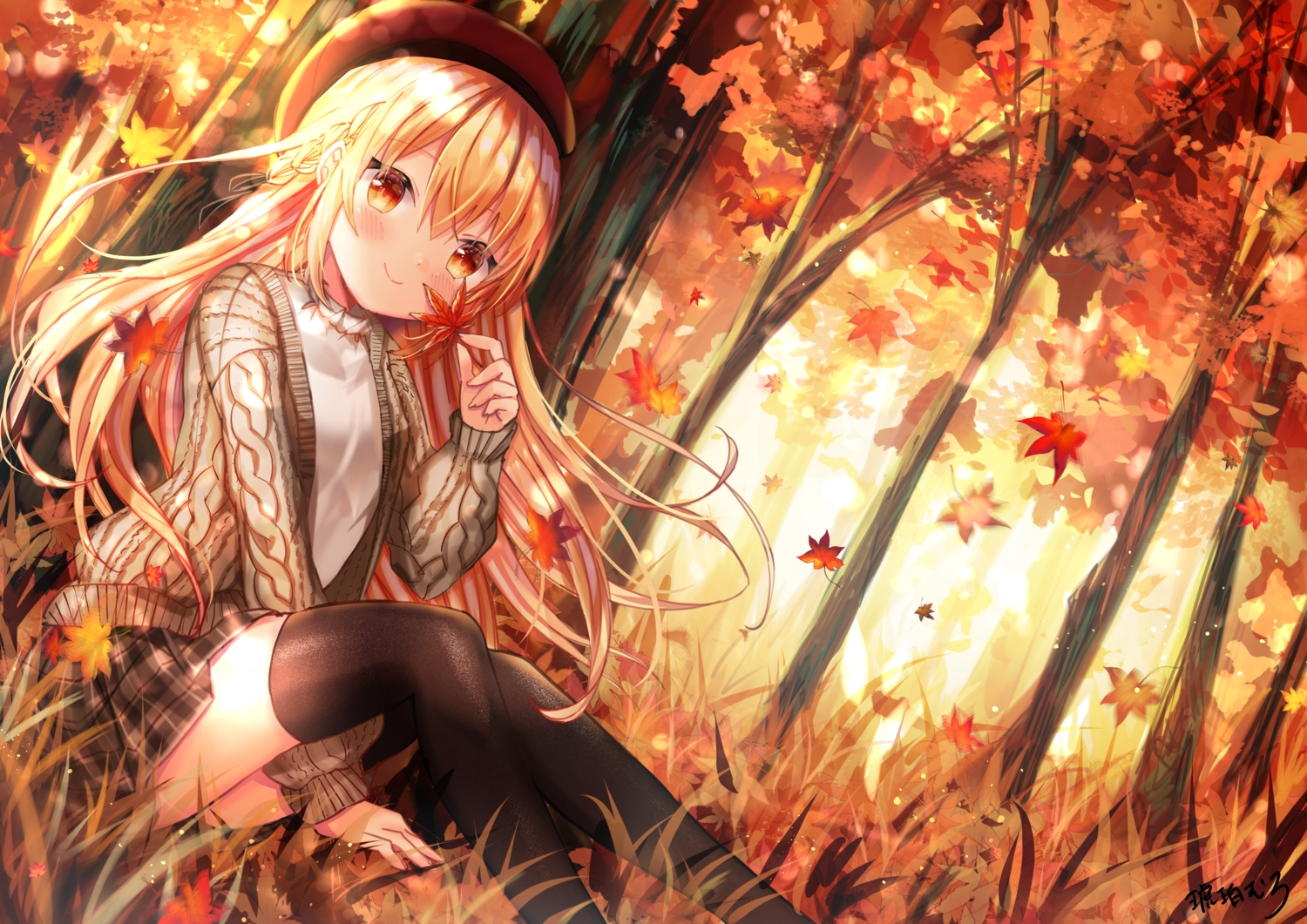 autumn, forest, grass, kohaku_muro, leaves, original, thighhighs, tree